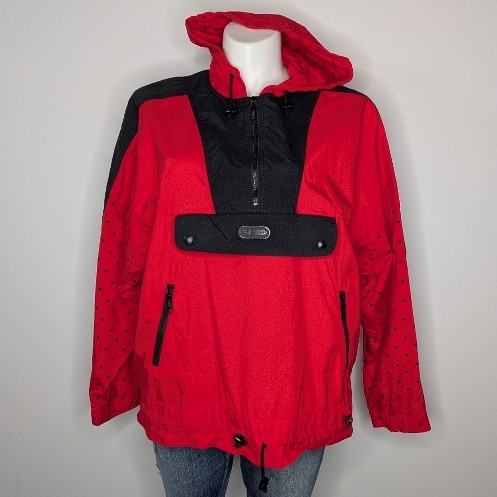 Vintage Skyr red black polka dot hooded pullover rain jacket 14
